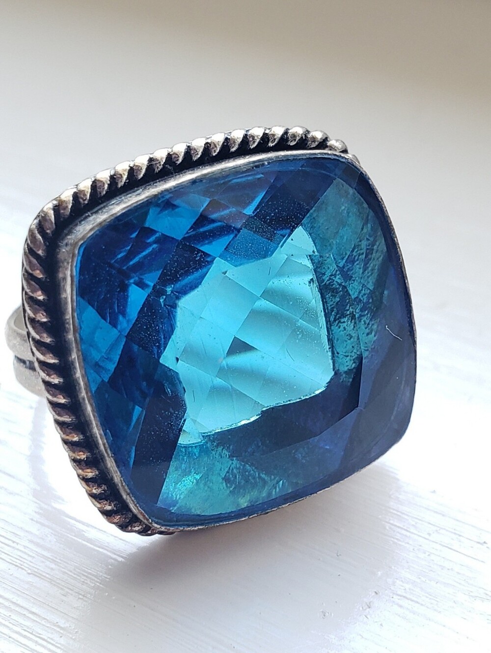 NEW Sterling Stamped 925 Blue Topaz Square Cushion Cut Ring Sz 6, Yurman Style.